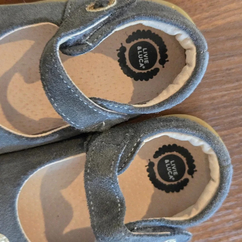 Livie & Luca Pio Pio Gray Suede Gold Glitter Bird Mary Jane Flats Girls Size 9c